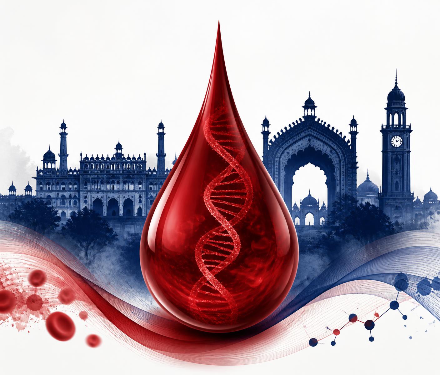 Blood droplet with DNA helix over the Lucknow heritage skyline